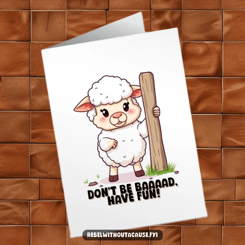 Funny Free Printable Birthday Card: A fluffy sheep defiantly holding a broken fence post, celebrating freedom.