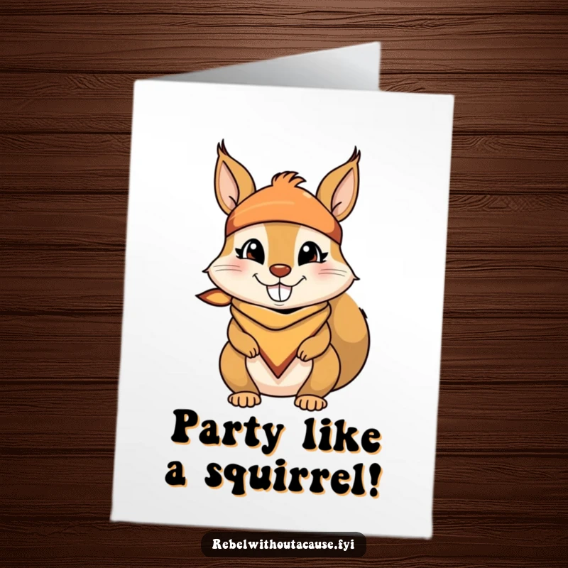 Funny Free Printable Birthday Card: Mischievous squirrel with bandana and cheeky grin, ready for birthday fun.