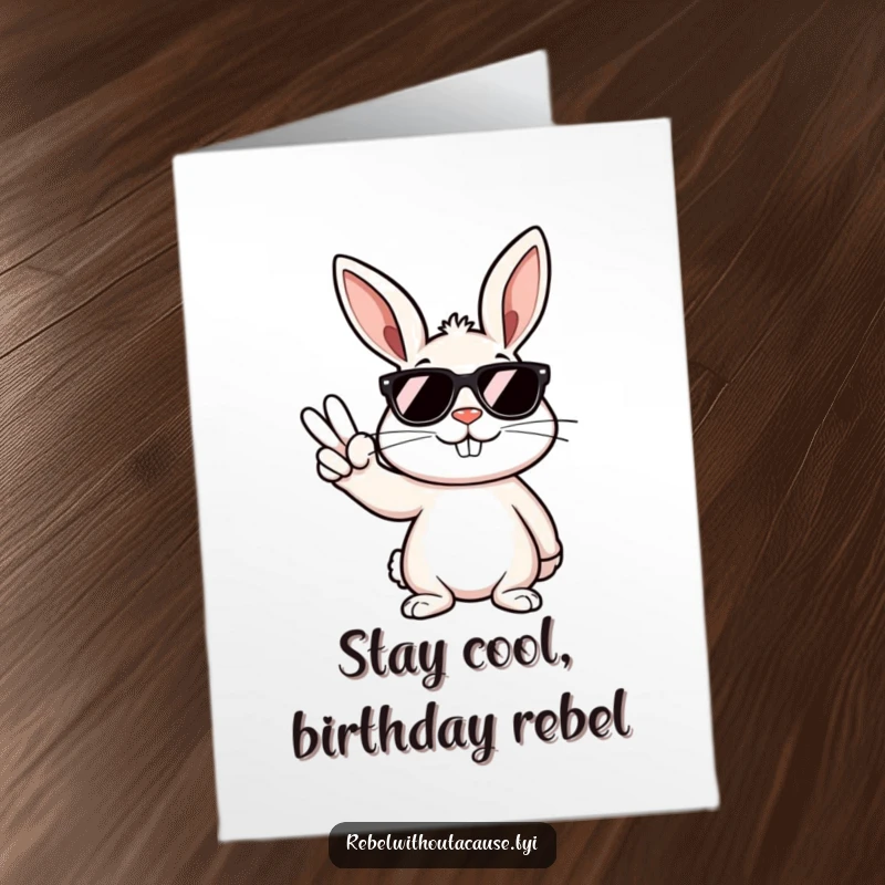 Funny free printable birthday card: Rebellious bunny in sunglasses smirking and throwing a peace sign.