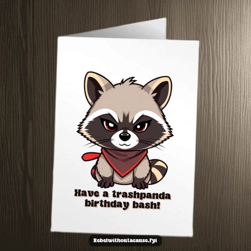 Funny Free Printable Birthday Card: Mischievous raccoon in bandana winks playfully during a party.