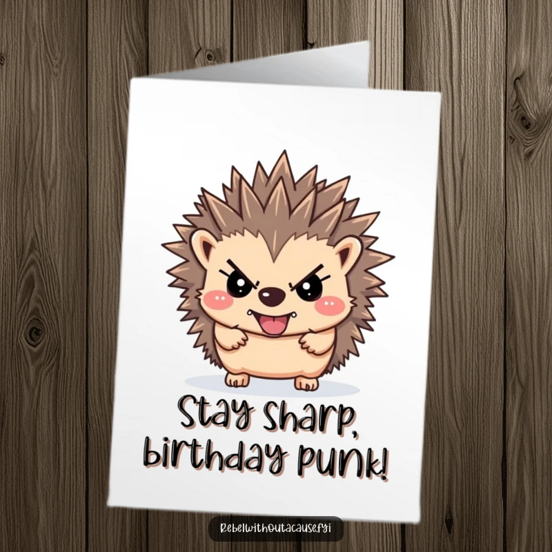 Funny Free Printable Rebellious Hedgehog Birthday Card: A defiant hedgehog with spiky hair stands tough.