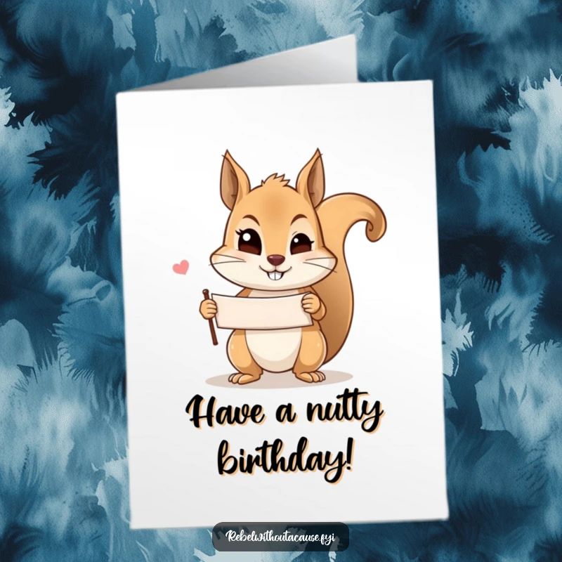 Funny Free Printable Squirrel Birthday Card: A mischievous squirrel winks while holding a tiny banner for a birthday.