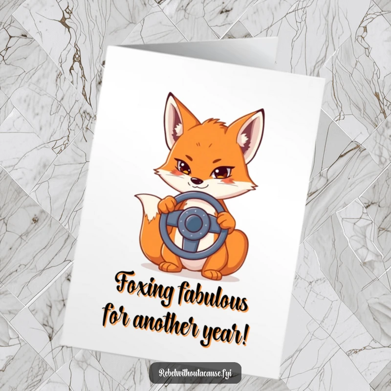 Funny Free Printable Birthday Card: Sly fox with a smirk holding a steering wheel, ready for a wild ride, downloadable art.