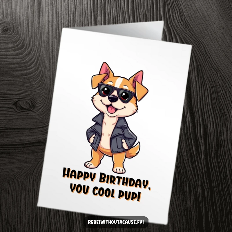 Funny free printable birthday card featuring a sassy dog in a leather jacket with a confident strut, ready to party.