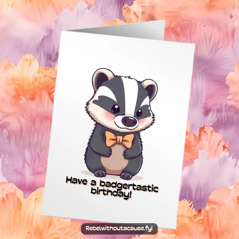 Funny Free Printable Birthday Card: a bold badger with a tiny, crooked bowtie looks aloof, offering birthday wishes.