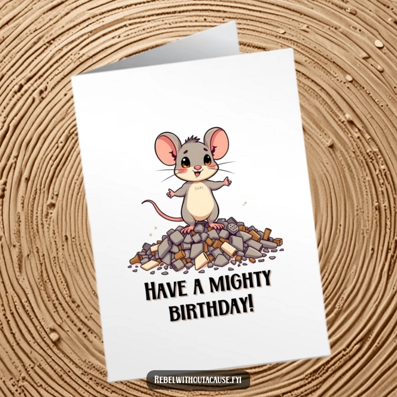 Funny Free Printable Birthday Card: A brave mouse stands tall on scattered debris.