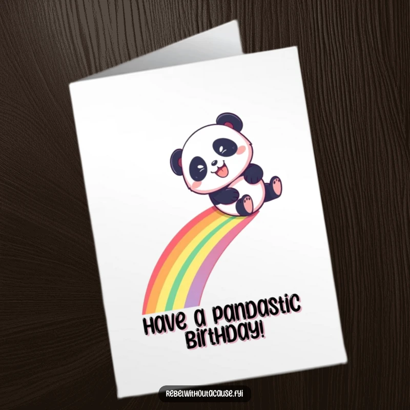 Funny Free Printable Birthday Card: Playful panda with mischievous grin slides down a rainbow, celebrating a birthday.