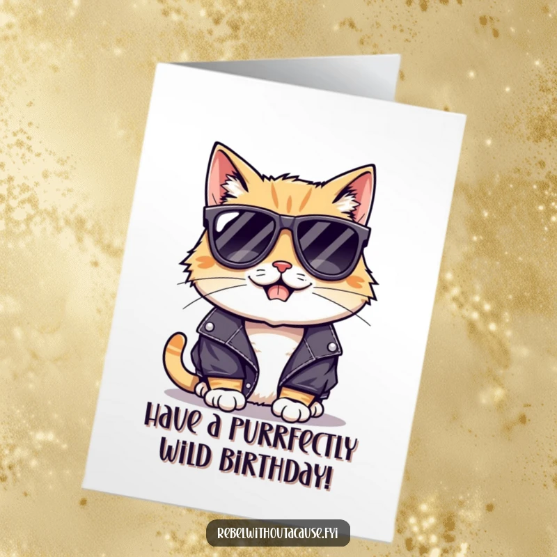 Funny Free Printable Birthday Card: A cool cat wearing sunglasses and a leather jacket with a mischievous grin.