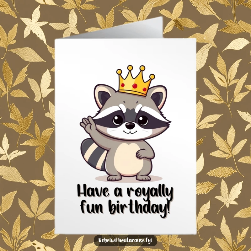 Funny Free Printable Birthday Card: Bold raccoon character wearing a tiny crown and giving a cool, regal salute.