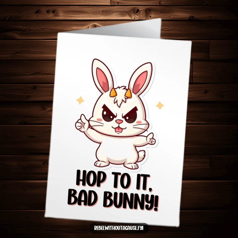 Free Printable Birthday Card: A rebellious bunny character with a playful sneer, giving a devil-horn gesture.
