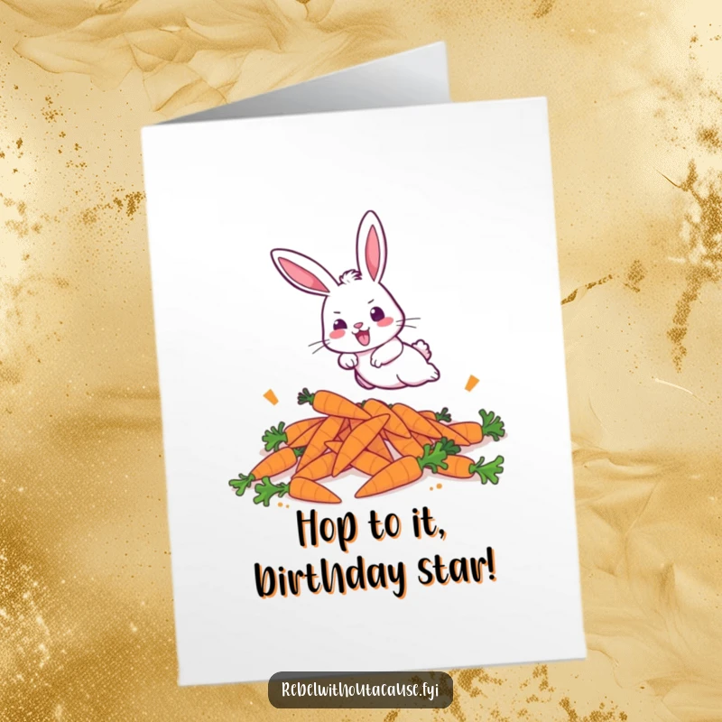 Funny Free Printable Birthday Card: A bold bunny aggressively hops over a stack of discarded carrots, celebrating.