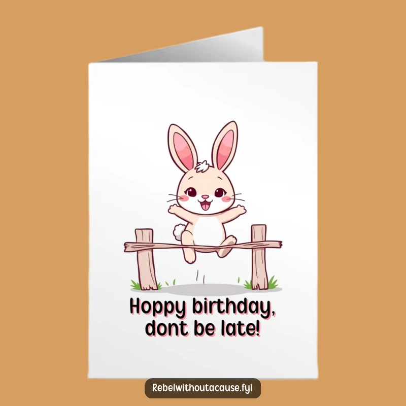 Free Printable Birthday Card: Determined Rabbit, Jumping Fence, Funny Gift