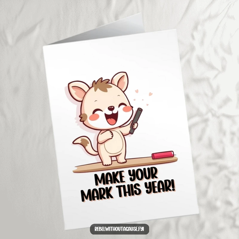 Funny Free Printable Birthday Card: A joyful animal character happily scrawls on a blank wall with chalk, spreading cheer.