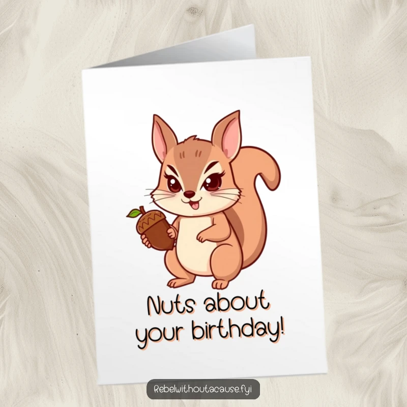 Funny Free Printable Birthday Card: Spunky squirrel determinedly holds a single acorn, ready for celebration.