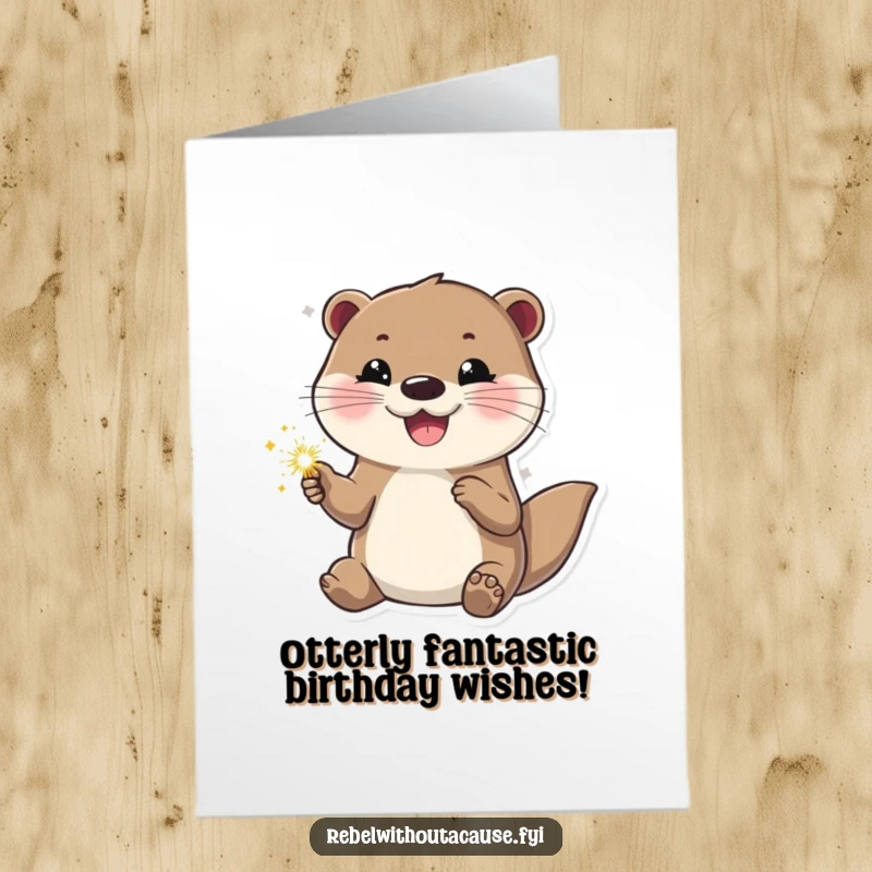 Funny Free Printable Birthday Card: Happy otter holding a sparkler, looking cool and confident, celebrating a birthday.