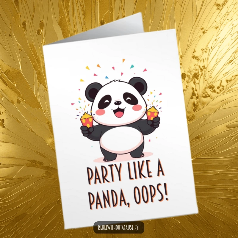 Funny Free Printable birthday card with a mischievous panda juggling exploding confetti poppers, ready to party.