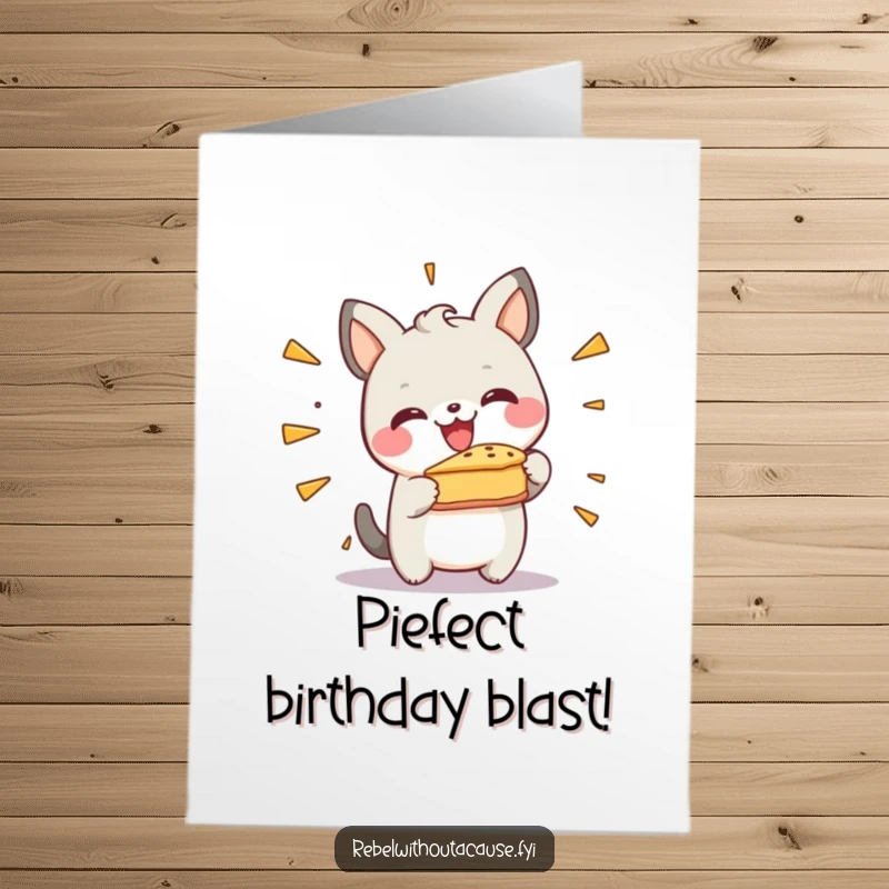 Funny Free Printable Birthday Card: Happy animal cheerfully smashing a pie against a wall, mid-splatter.