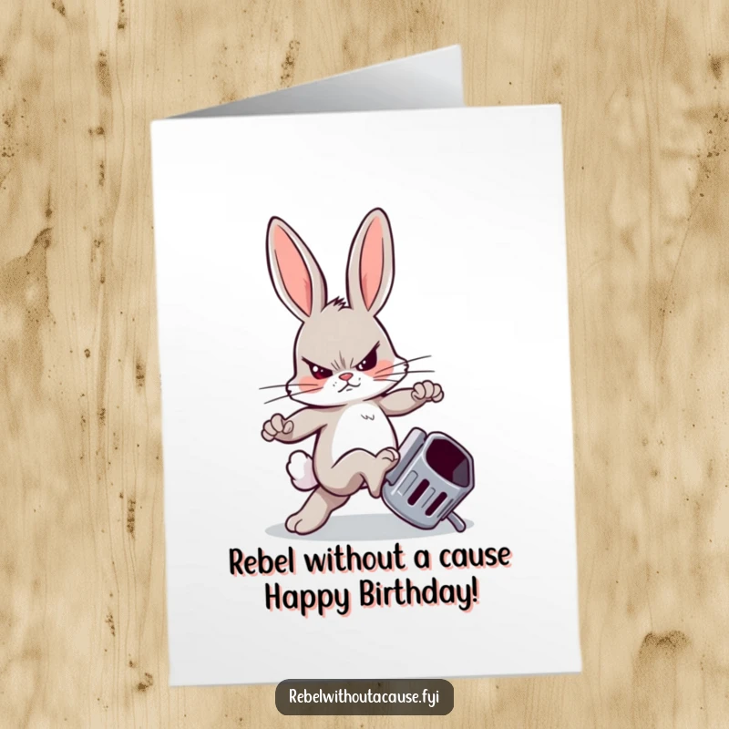 Funny Free Printable Birthday Card: Rebellious bunny with a sneer kicking an overturned trash can. Perfect DIY gift.