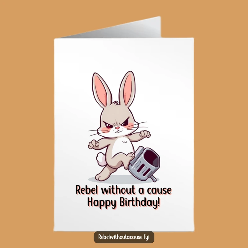 Free Printable Funny Birthday Card: Rebellious Bunny causing chaos. A hilarious DIY downloadable gift!