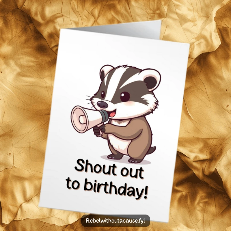 Funny Free Printable Badger Birthday Card: A determined badger shouts happy birthday through a megaphone.