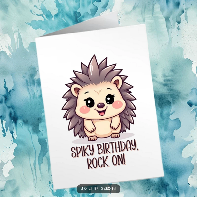 Funny Free Printable Birthday Card: Happy hedgehog with a proud grin sports a tiny, colorful mohawk, ready to party.