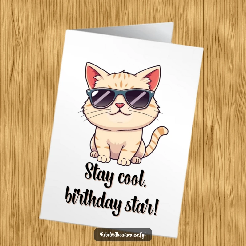 Funny Free Printable Cool Cat Birthday Card: A cat in sunglasses smirks while tipping its head coolly.