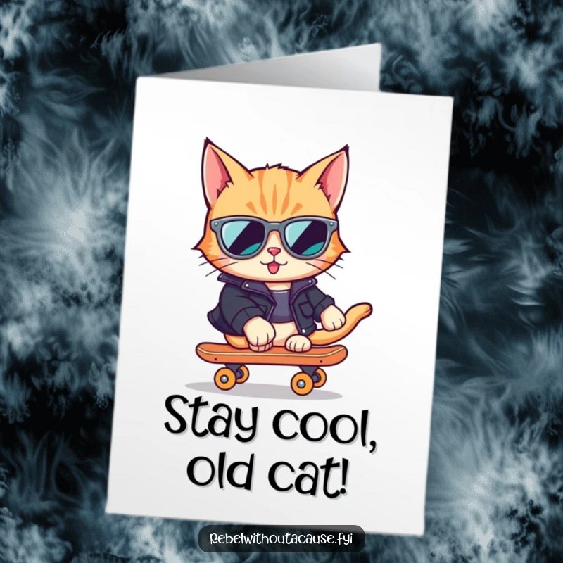 Funny Free Printable Birthday Card: a cool cat in sunglasses and leather jacket skateboarding, ready to party.