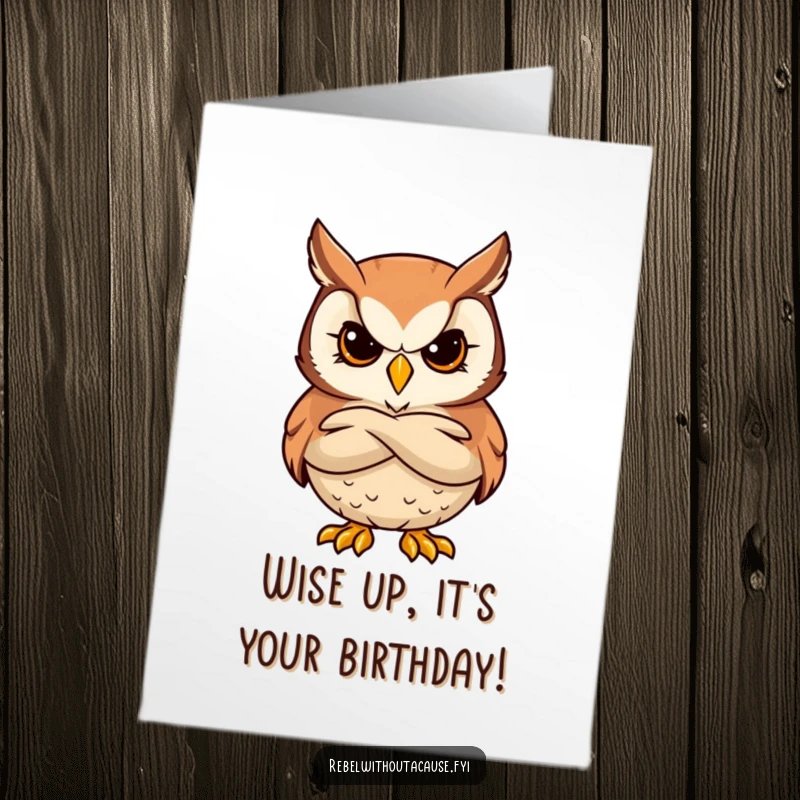 Funny Free Printable Birthday Card: Bold owl with stern, cool expression and arms crossed, judging your birthday cake.