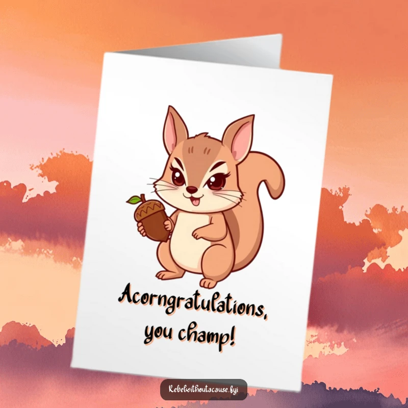 Funny Free Printable Congratulations Card: Spunky squirrel fiercely guards a single acorn, symbolizing a great win.