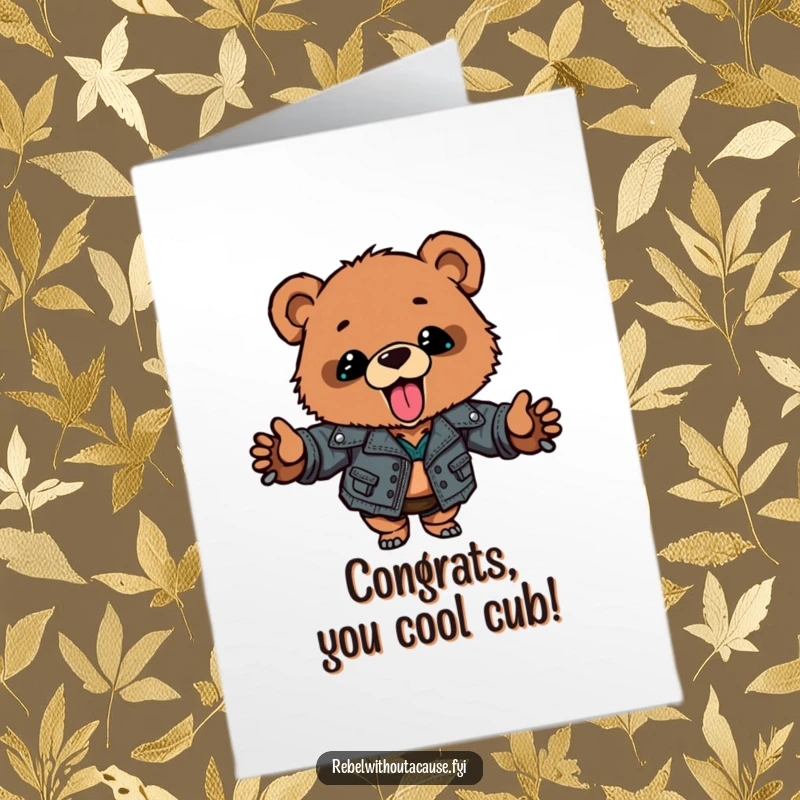 Funny Free Printable Congratulations Card: Bear cub in leather jacket giving a rockstar vibe for success.