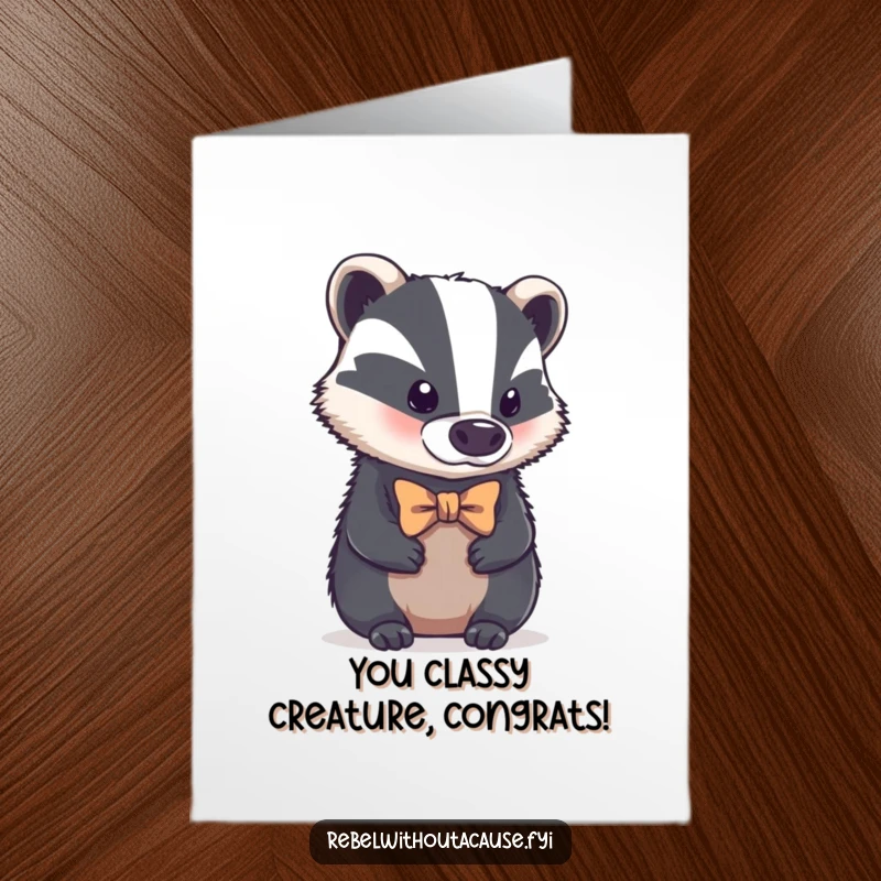 Funny Free Printable Congratulations Card featuring a bold badger in a crooked bowtie, looking aloof but impressed by their success.