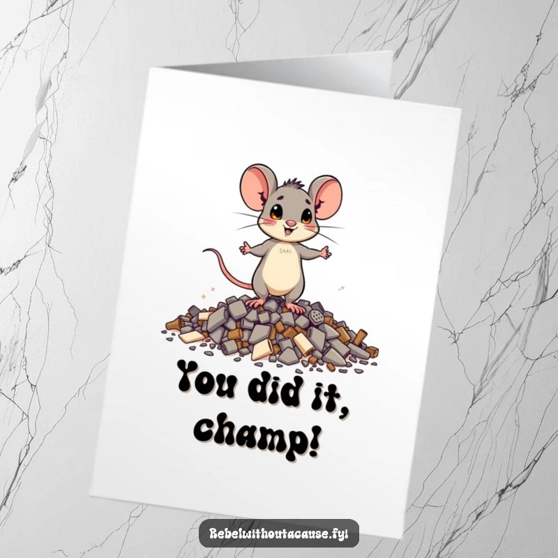 Funny Free Printable Congratulations Card: A brave mouse stands proudly on debris.