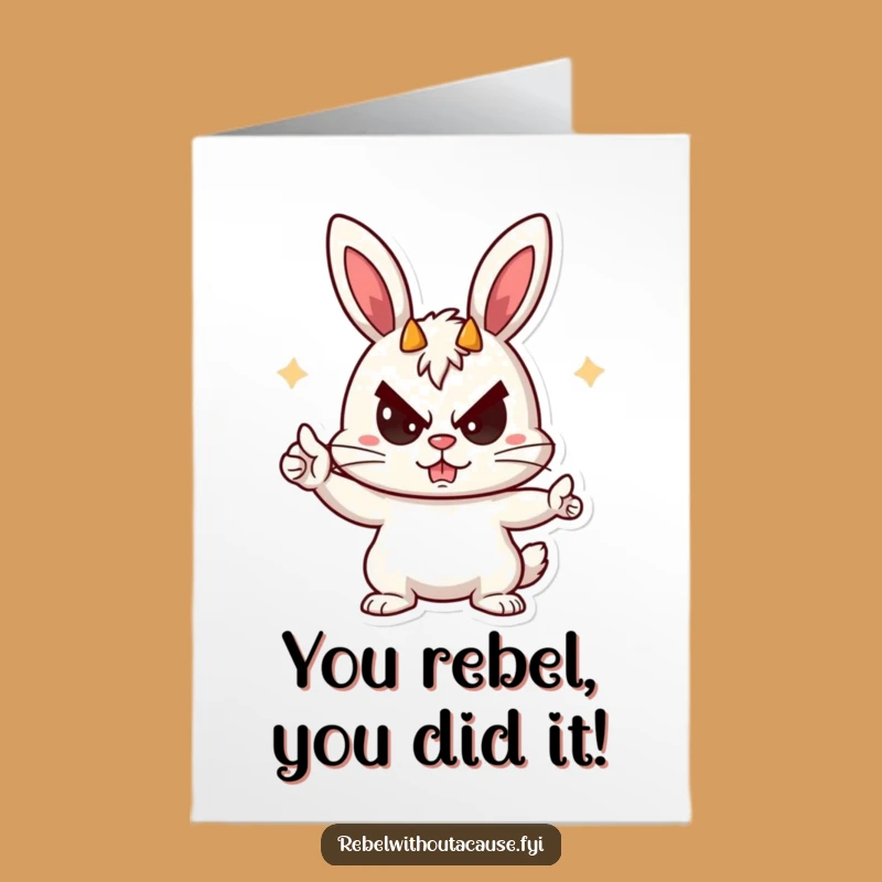 Free Printable Congrats Card: Bunny Devil Horns, Funny Downloadable Greeting for a Bold Achievement