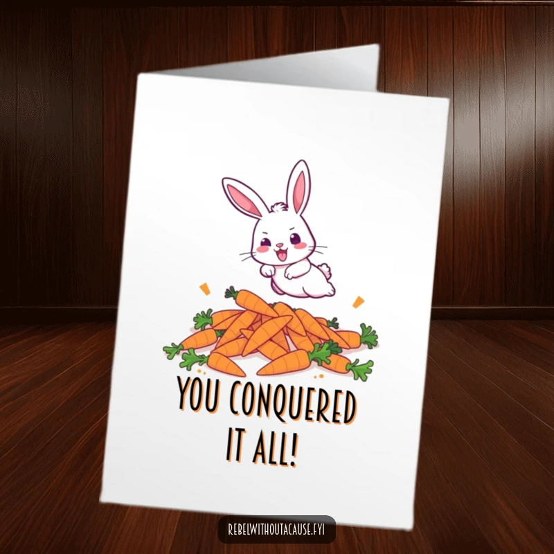 Funny Free Printable Congratulations Card: A bold bunny athletically hops over discarded carrots, symbolizing a powerful victory.