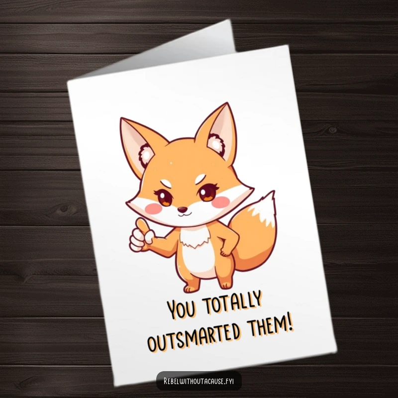 Free Printable Congratulations Card: Playful fox in a defiant stance, pointing paw outwards, celebrating achievement with confidence.