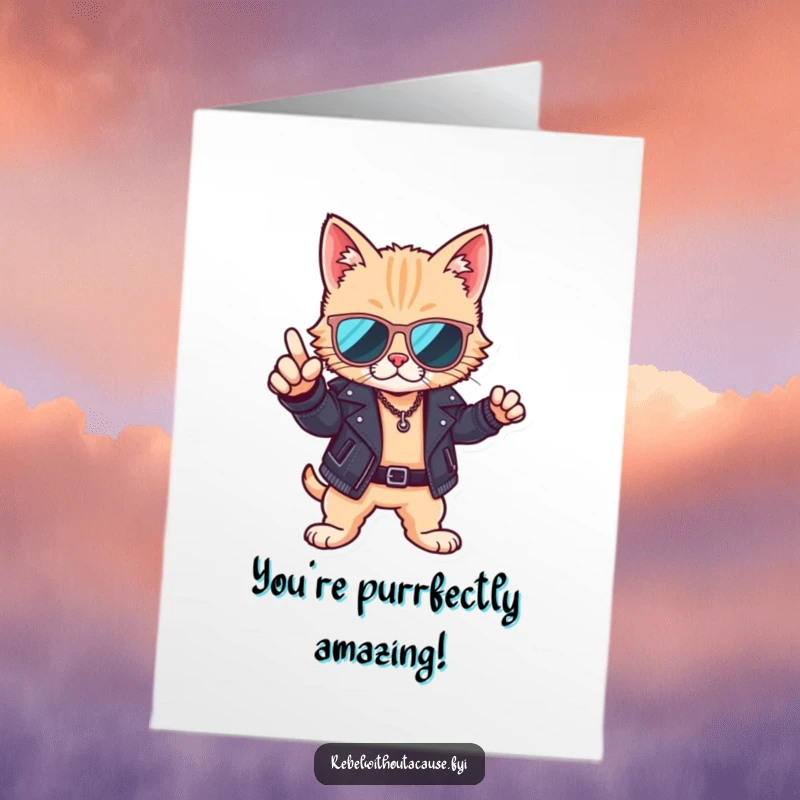 Funny Free Printable Congratulations Card: Cool cat in sunglasses and leather jacket, posing with stylish congrats.