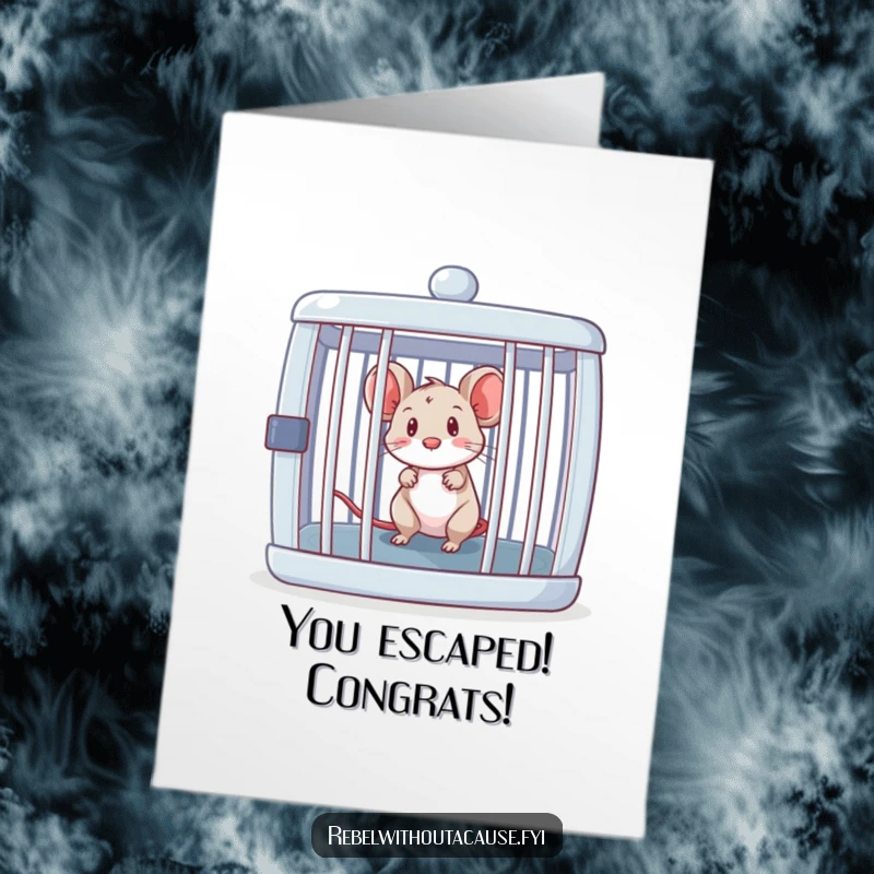 Funny Free Printable Congrats Card: A curious mouse peeks out from an open, empty cage, signaling freedom.
