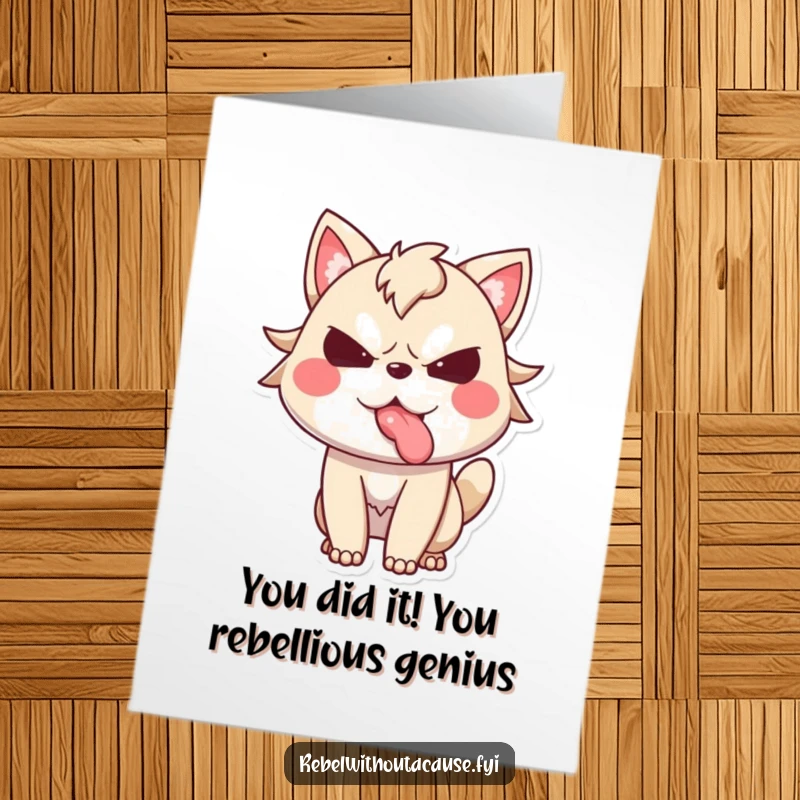 Funny Free Printable Congratulations Card with a spirited animal character defiantly sticking its tongue out, celebrating success.