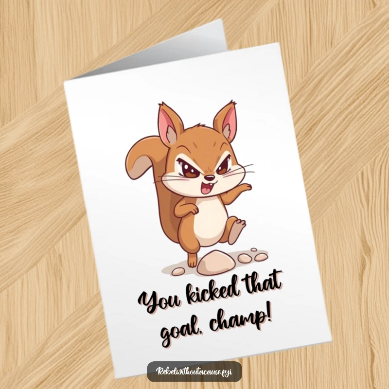 Free Printable Congratulations Card: Defiant squirrel kicks a pebble in triumphant celebration of achievement and success.