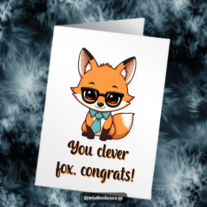 Funny Free Printable Congratulations Card: Jaunty fox in loose tie, swaggering, celebrating with cool confidence.