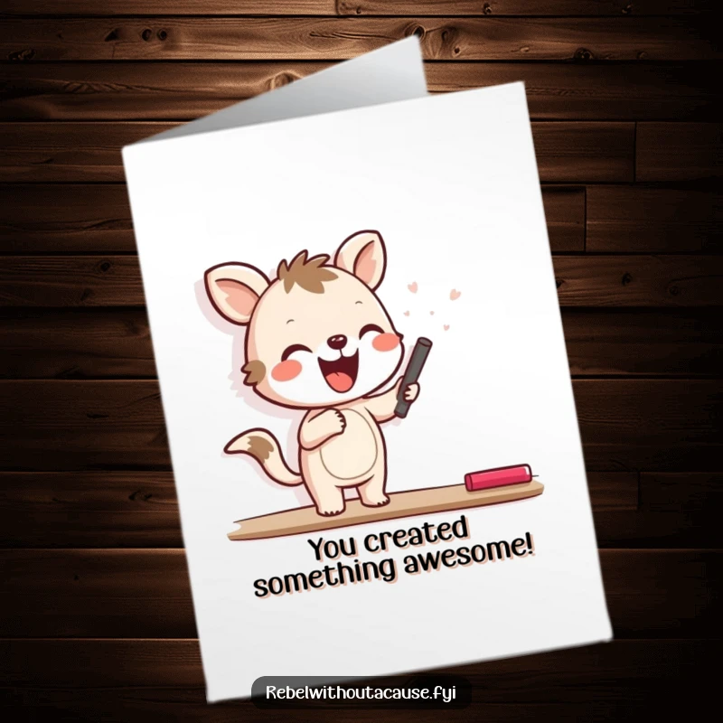 Funny Free Printable Congratulations Card: A joyful animal character happily scribbles on a wall with chalk, marking a proud moment.