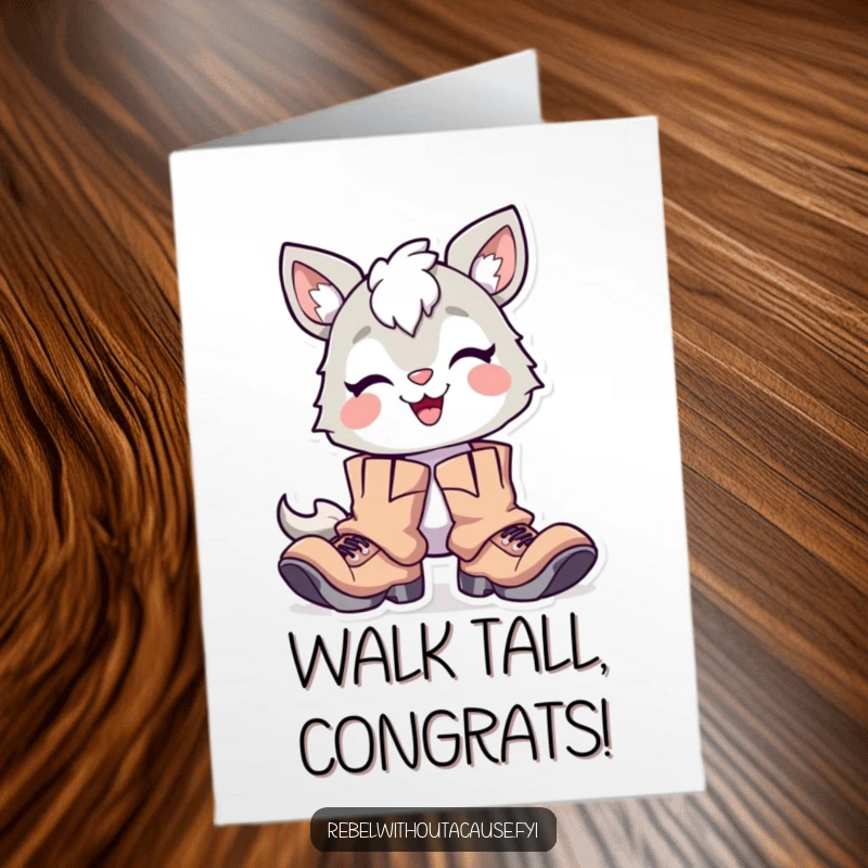 Funny Free Printable Congratulations Card: Proud animal in oversized boots, smirking, celebrating a big win.