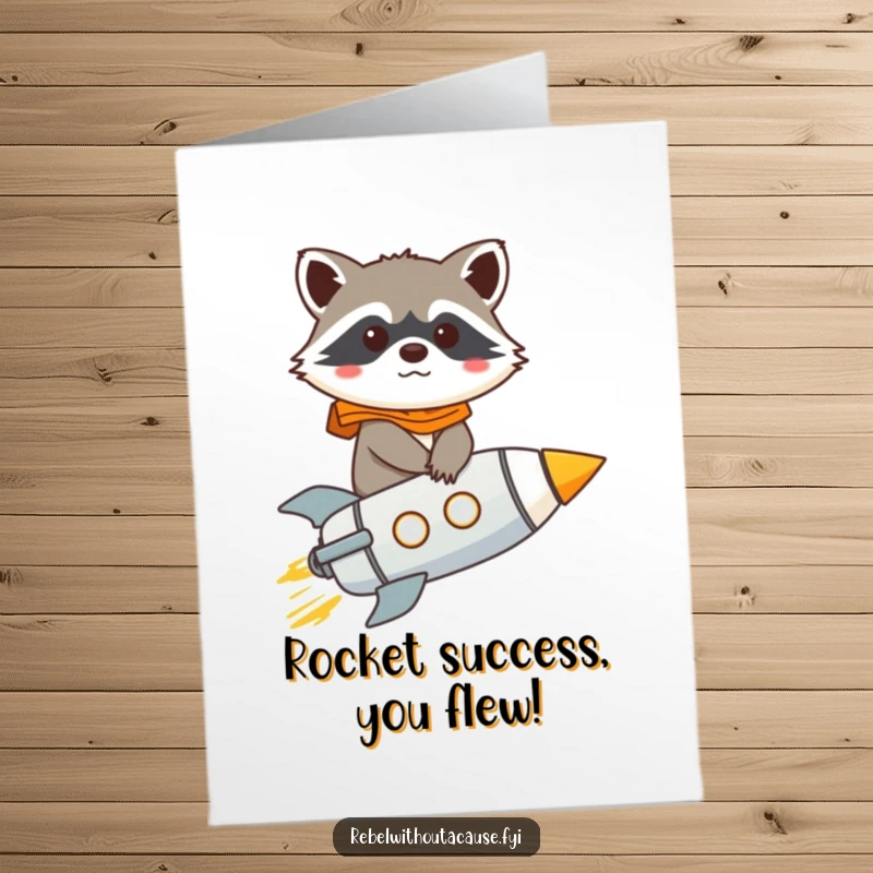 Funny Free Printable Congrats Card: Giggling raccoon pilots a miniature rocket with a focused, determined look, celebrating success.