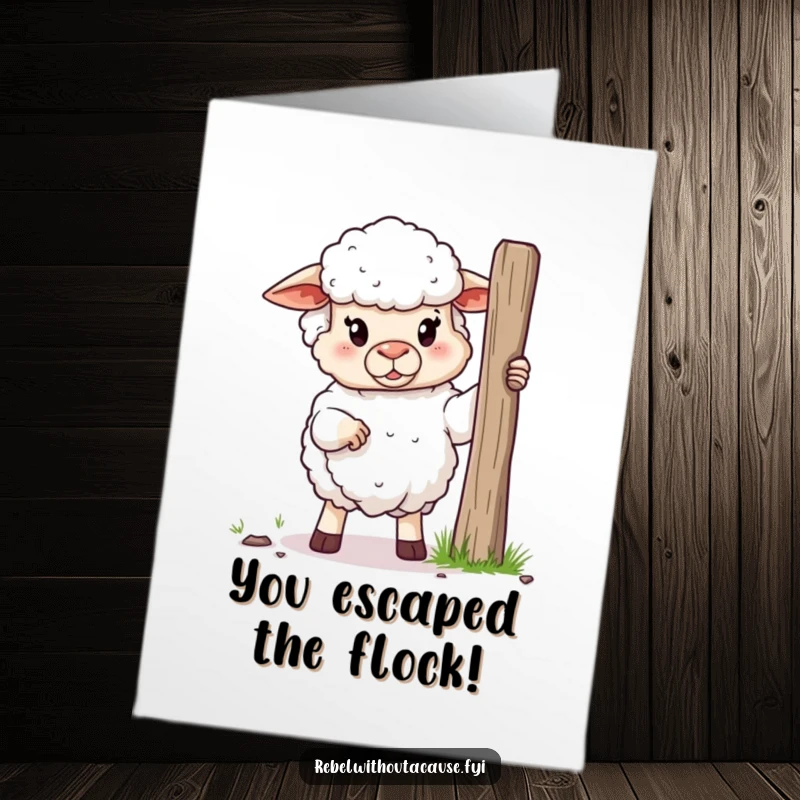 Funny Free Printable Congratulations Card: A fluffy sheep triumphantly holding a broken fence post, signifying overcoming challenges.
