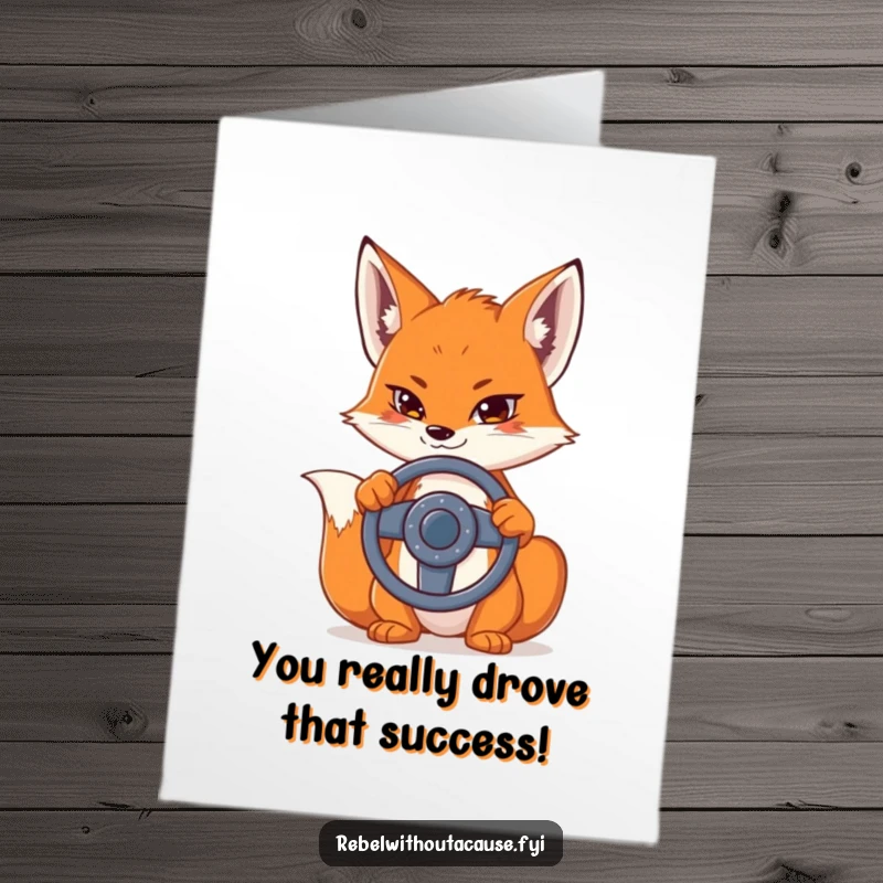 Funny Free Printable Congratulations Card: Sly fox smirking, holding a steering wheel, celebrating a win with a driving fail twist.