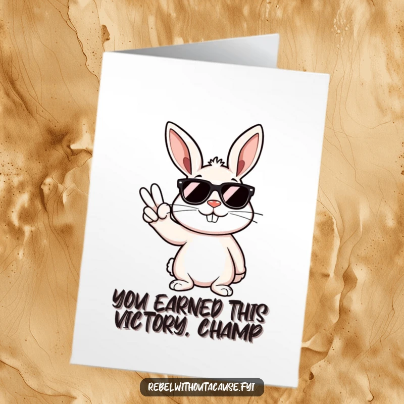 Funny free printable congratulations card: Rebellious bunny in sunglasses giving a peace sign with a smirk.