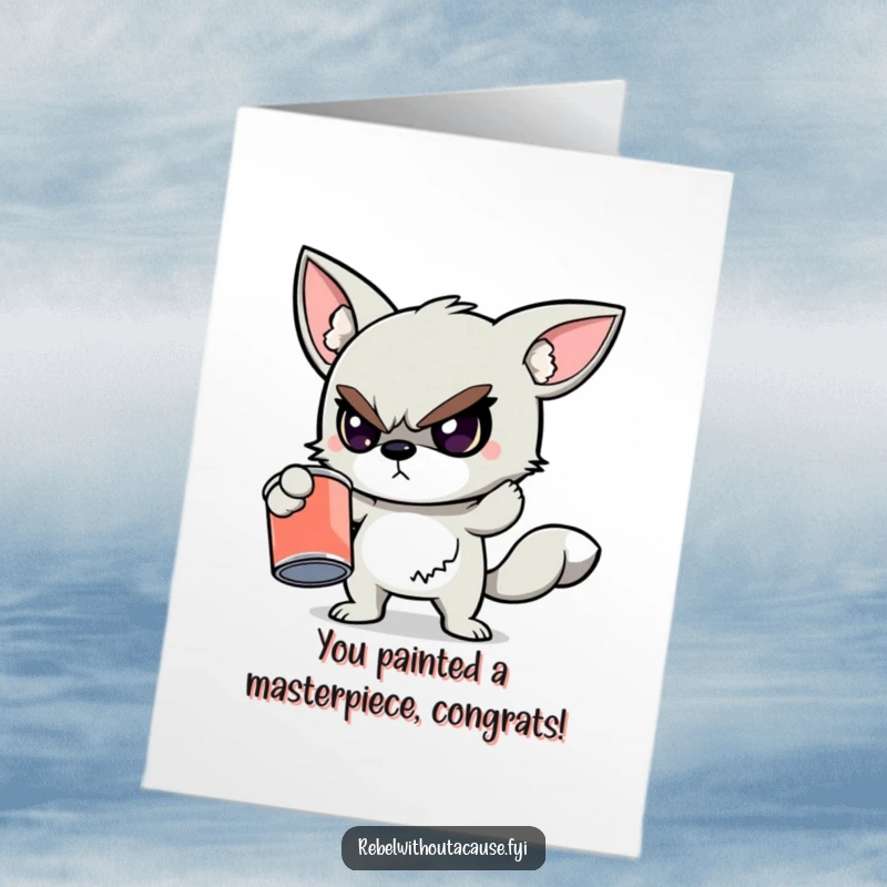 Funny Free Printable Congratulations Card: Rebellious Character Holding an Empty Cracked Paint Can Defiantly