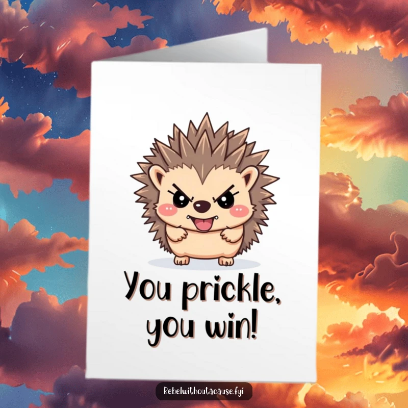 Funny Free Printable Rebellious Hedgehog Congratulations Card: A defiant hedgehog with upward-pointing spikes celebrates success.