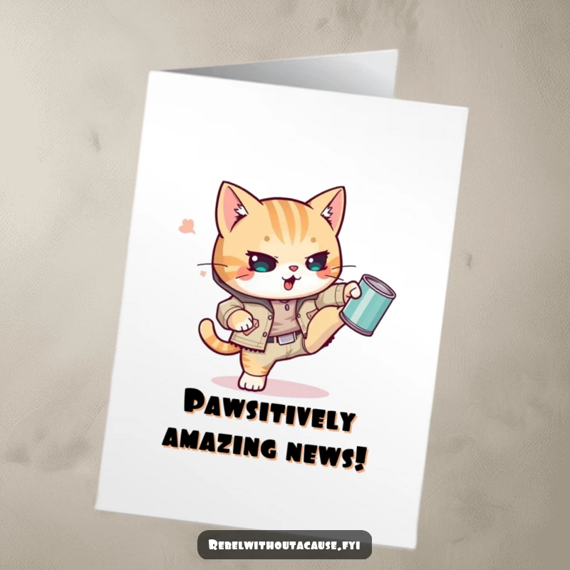 Funny Free Printable Congratulations Card showing a punk kawaii cat kicking a tin can in a display of victory.