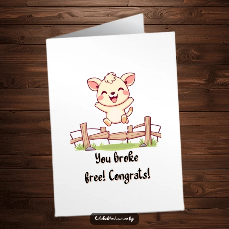Funny Free Printable Congratulations Card showcasing a cheerful animal leaping over a broken fence, symbolizing overcoming obstacles with joy.